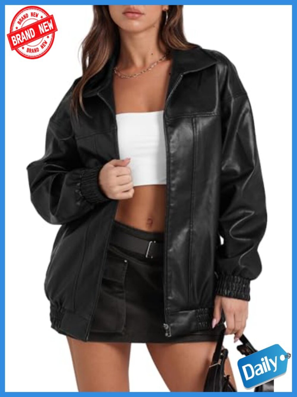 Oversized Faux Leather Motorcycle Jacket Women Retro Y2K Bomber Coat